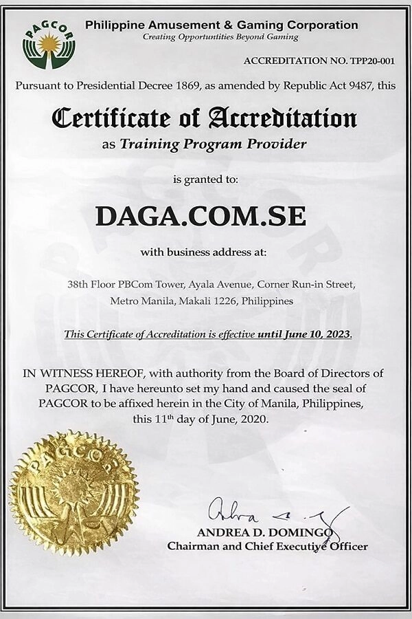 giấy phép pagcor của Daga